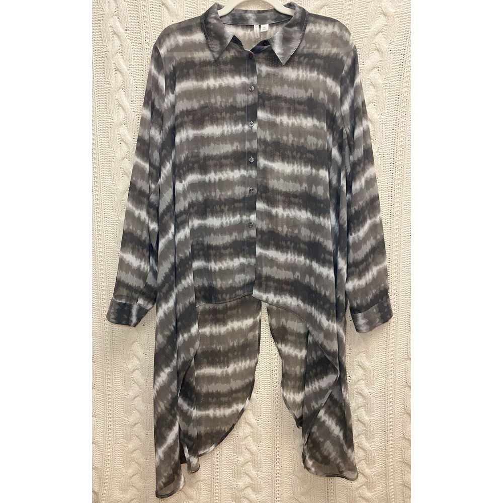 Cato Hi Lo Semi Sheer Button Tunic Sz XL Gray Tie Dye Stripes‎ Whimsigoth